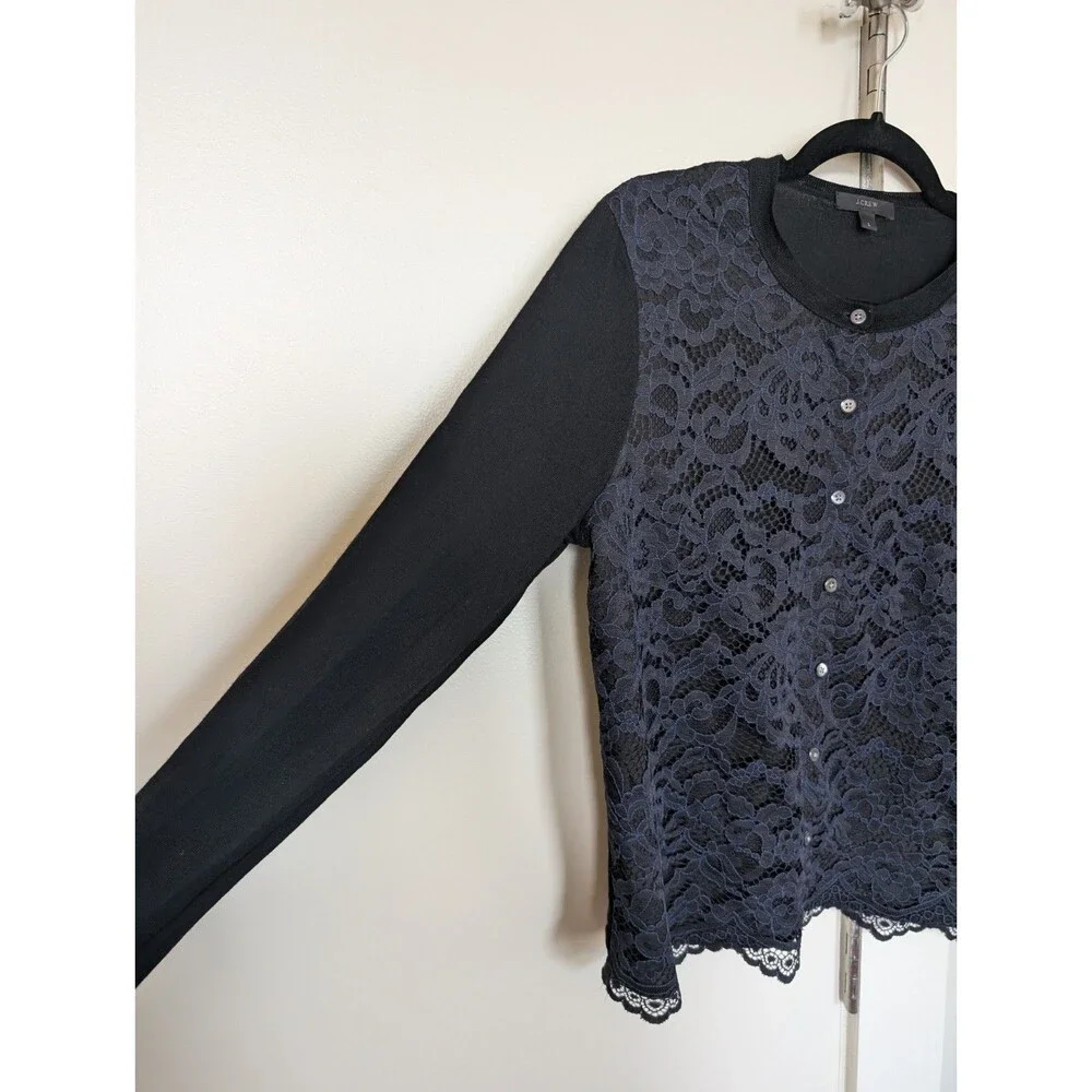 J. Crew Navy Cardigan With Lace Overlay Merino Wool L Classic Preppy